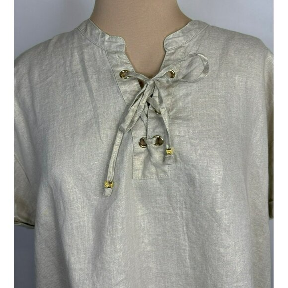 Ellen Tracy Womens XL Beige Linen Short Sleeve Lace-Up Blouse Top - Picture 2 of 9